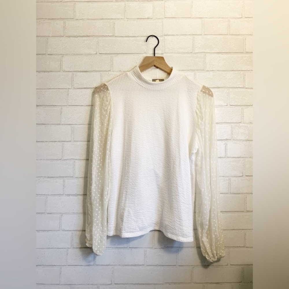 Pleione White Textured Mock Neck Blouse Tulle Long Sleeves